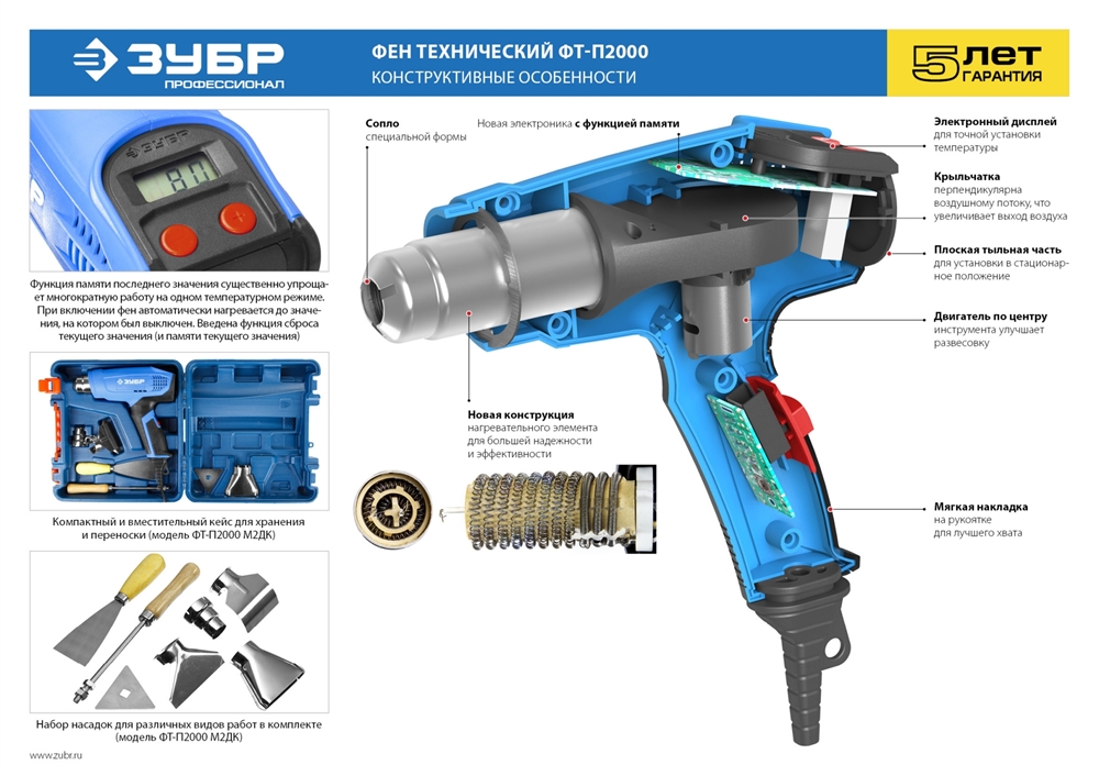 ЗУБР  2000 Вт, технический фен, дисплей, Профессионал (ФТ-П2000 М2Д) ФТ-П2000 М2Д
