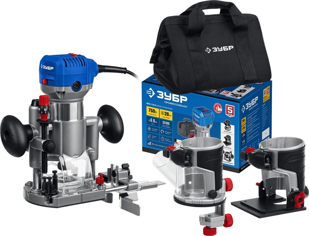 ЗУБР  750 Вт, кромочный фрезер, сумка, 3 основания, Профессионал (ФПК-750Н) ФПК-750Н