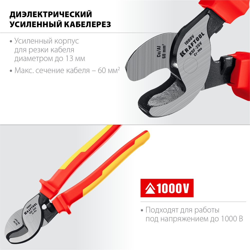 KRAFTOOL  KSF-25V, d 13 мм, 250 мм, VDE, 1000 В, усиленный, диэлектрический кабелерез (23334-25V) 23334-25V