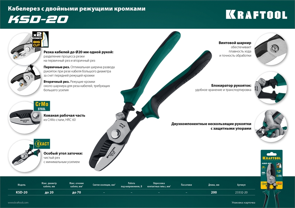 KRAFTOOL  KSD-20, d 20мм, 200мм, с двойными режущими кромками, кабелерез (23332-20) 23332-20