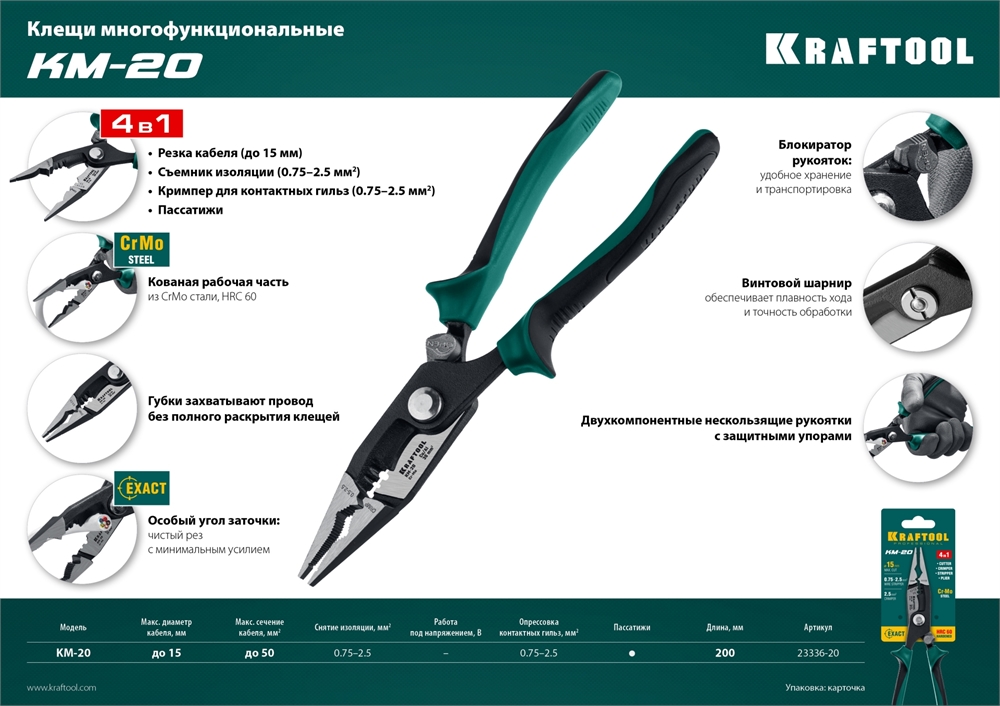 KRAFTOOL  KM-20, резка, d 15мм, зачистка 0.75 - 2.5 мм2, клещи многофункциональные (23336-20) 23336-20