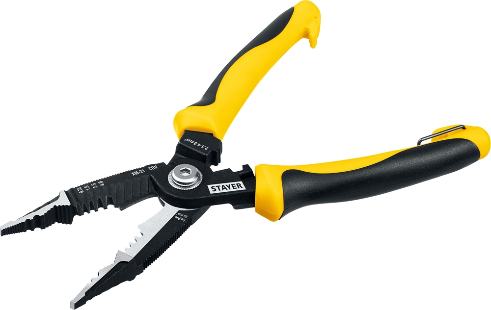 STAYER  XM-21, резка d 14мм, зачистка 0.75 – 25 мм2, кримпер 2.5 мм2, плоскогубцы 210 мм, многофункциональные клещи, Professional (23342-21) 23342-21