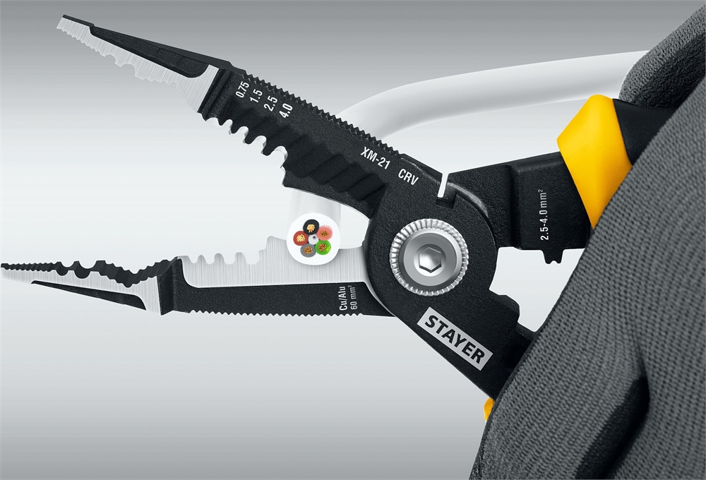 STAYER  XM-21, резка d 14мм, зачистка 0.75 – 25 мм2, кримпер 2.5 мм2, плоскогубцы 210 мм, многофункциональные клещи, Professional (23342-21) 23342-21