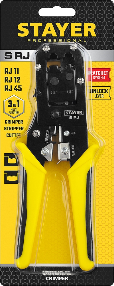 STAYER  S-RJ, (RJ45, RJ11, RJ12), универсальный кримпер, Professional (22652) 22652