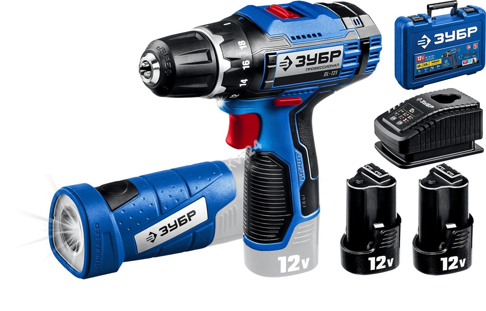 ЗУБР  Т7, 12 В, 40 Н·м, 2 АКБ (2 А·ч), дрель-шуруповерт + LED фонарь, кейс, Профессионал (DL-121-22) DL-121-22F