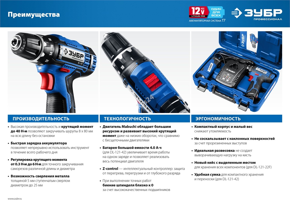 ЗУБР  Т7, 12 В, 40 Н·м, 2 АКБ (2 А·ч), дрель-шуруповерт + LED фонарь, кейс, Профессионал (DL-121-22) DL-121-22F