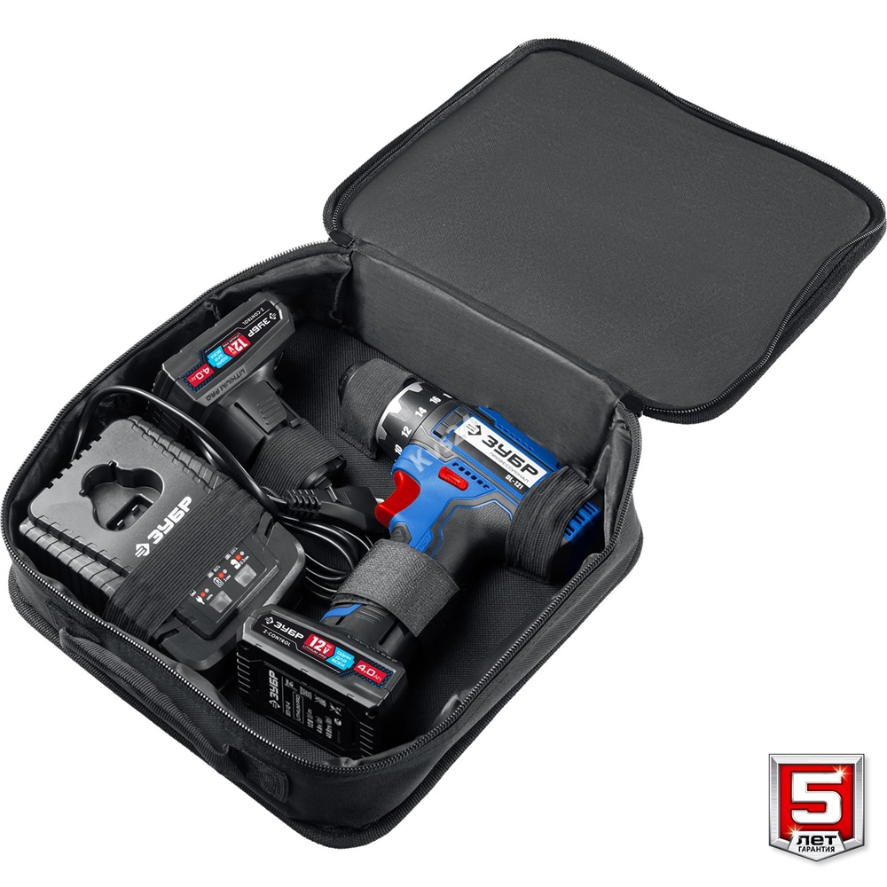 ЗУБР  Т7, 12 В, 40 Н·м, 2 АКБ (4 А·ч), дрель-шуруповерт, сумка, Профессионал (DL-121-42) DL-121-42