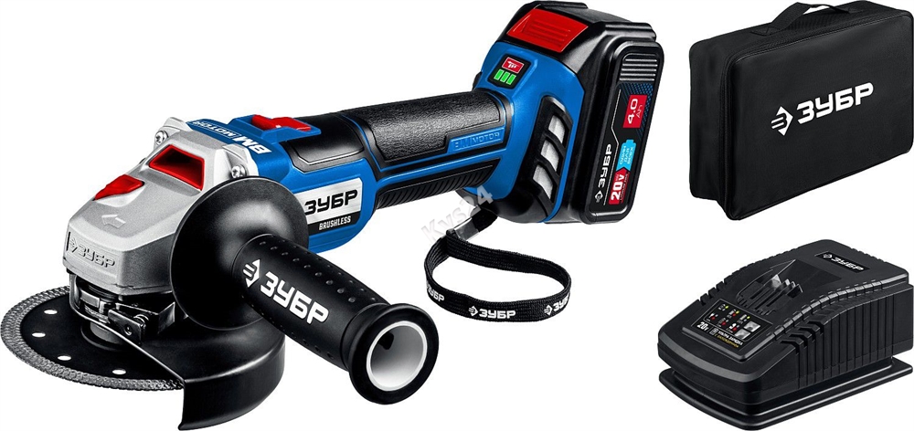 ЗУБР  Т7, 20 В, 125 мм, 1 АКБ (4 А·ч), бесщеточная УШМ, сумка, Профессионал (AB-125-41) AB-125-41