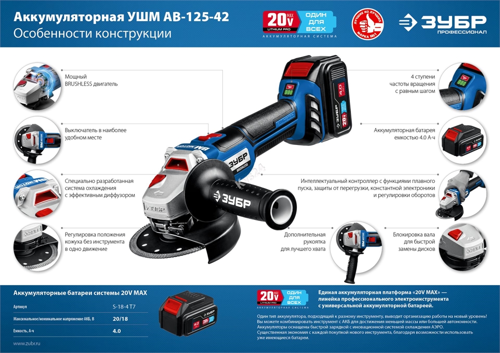 ЗУБР  Т7, 20 В, 125 мм, 2 АКБ (4 А·ч), бесщеточная УШМ, сумка, Профессионал (AB-125-42) AB-125-42