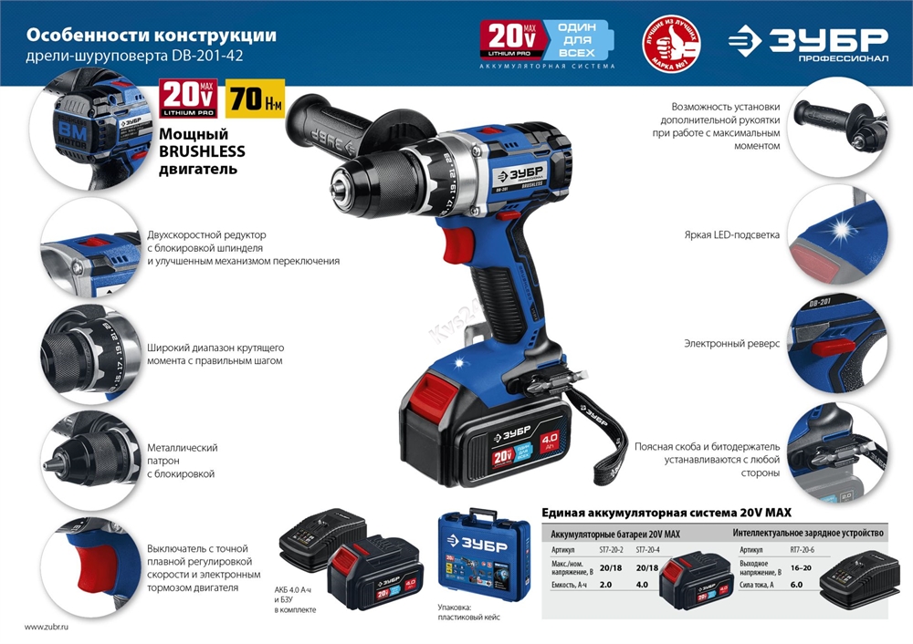 ЗУБР  Т7, 20 В, 70 Н·м, 2 АКБ (4 А·ч), бесщеточная дрель-шуруповерт, кейс, Профессионал (DB-201-42) DB-201-42