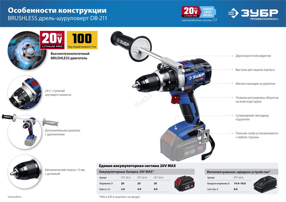 ЗУБР  Т7, 20 В, 100 Н·м, без АКБ, бесщеточная дрель-шуруповерт, Профессионал (DB-211) DB-211