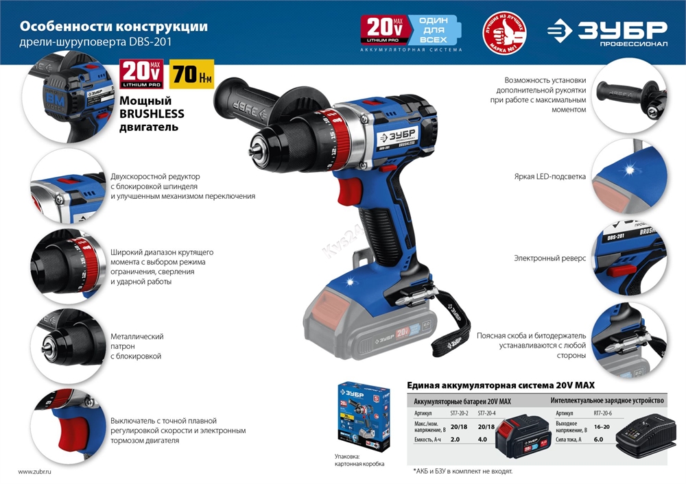 ЗУБР  Т7, 20 В, 70 Н·м, без АКБ, бесщеточная ударная дрель-шуруповерт, Профессионал (DBS-201) DBS-201