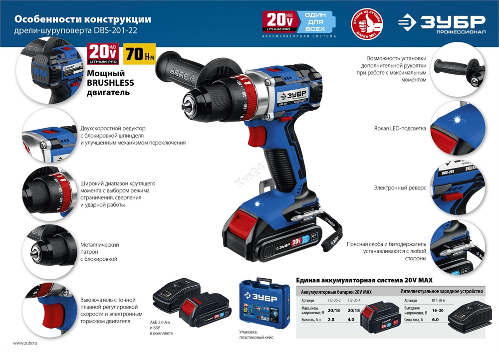 ЗУБР  Т7, 20 В, 70 Н·м, 2 АКБ (2 А·ч), бесщеточная ударная дрель-шуруповерт, кейс, Профессионал (DBS-201-22) DBS-201-22