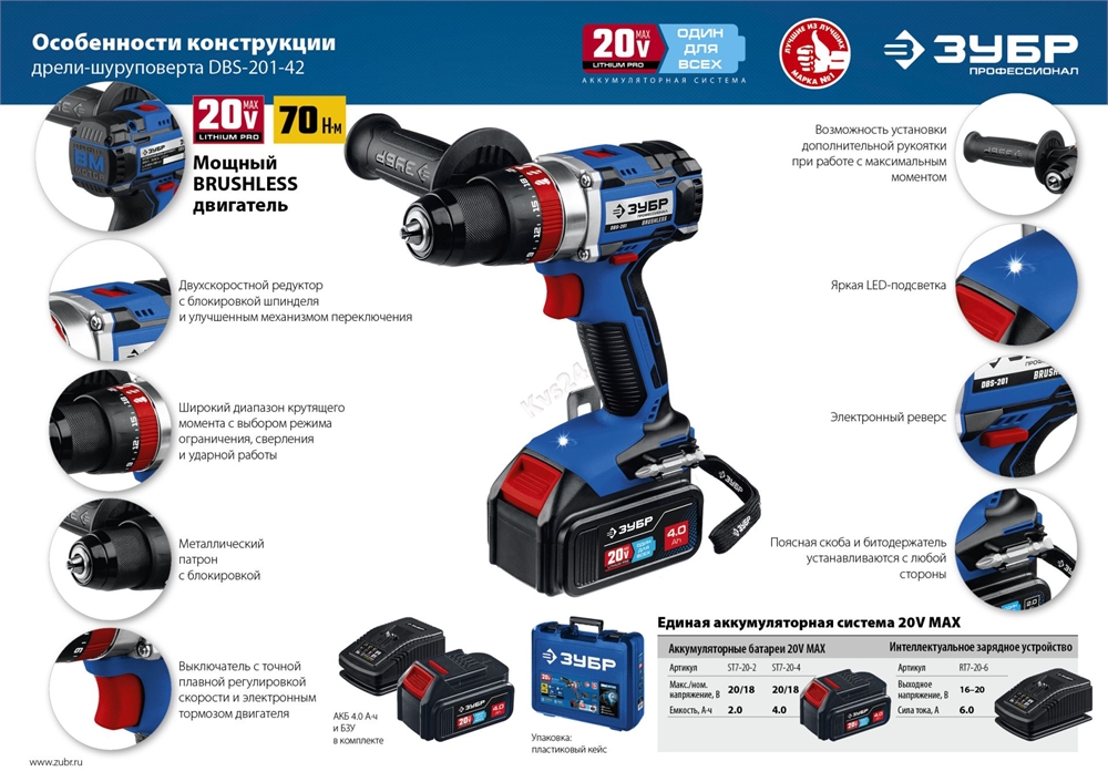 ЗУБР  Т7, 20 В, 70 Н·м, 2 АКБ (4 А·ч), бесщеточная ударная дрель-шуруповерт, кейс, Профессионал (DBS-201-42) DBS-201-42