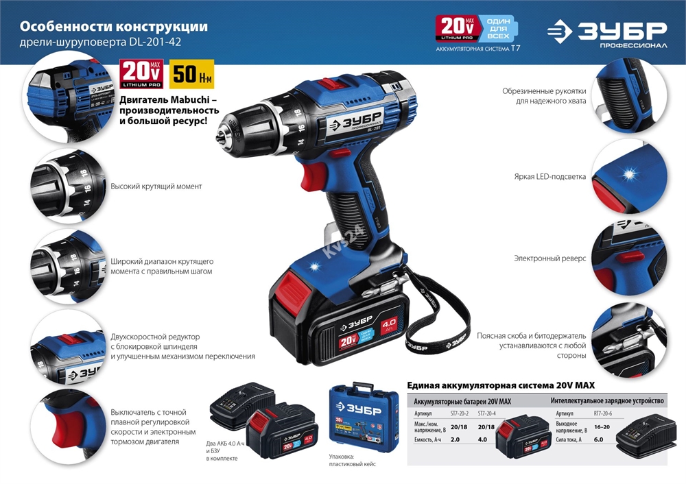 ЗУБР  Т7, 20 В, 50 Н·м, без АКБ, дрель-шуруповерт, Профессионал (DL-201) DL-201