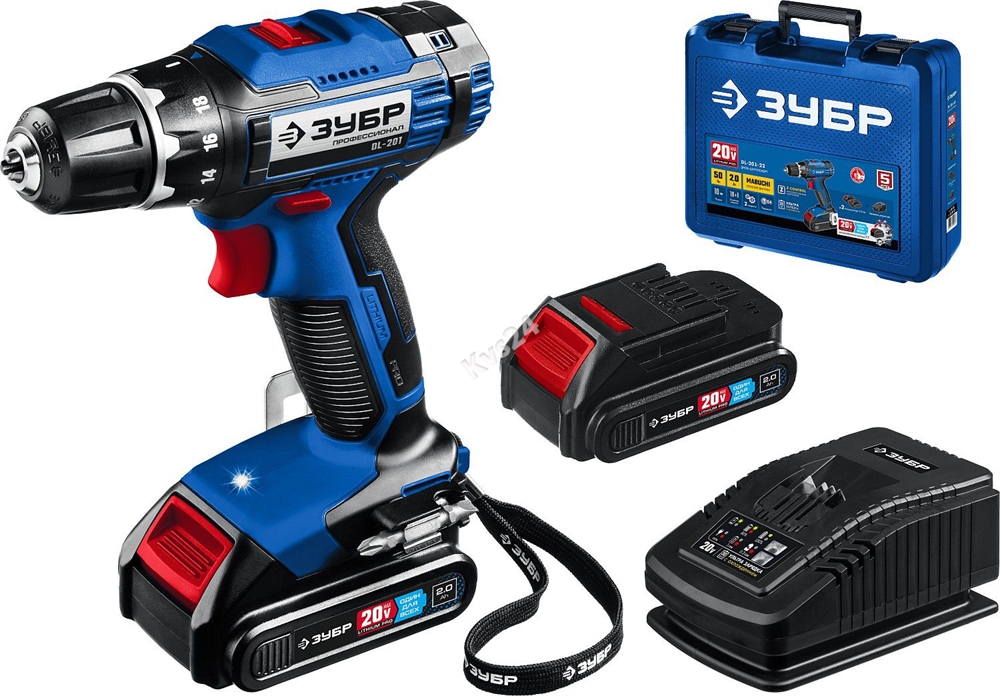 ЗУБР  Т7, 20 В, 50 Н·м, 2 АКБ (2 А·ч), дрель-шуруповерт, кейс, Профессионал (DL-201-22) DL-201-22