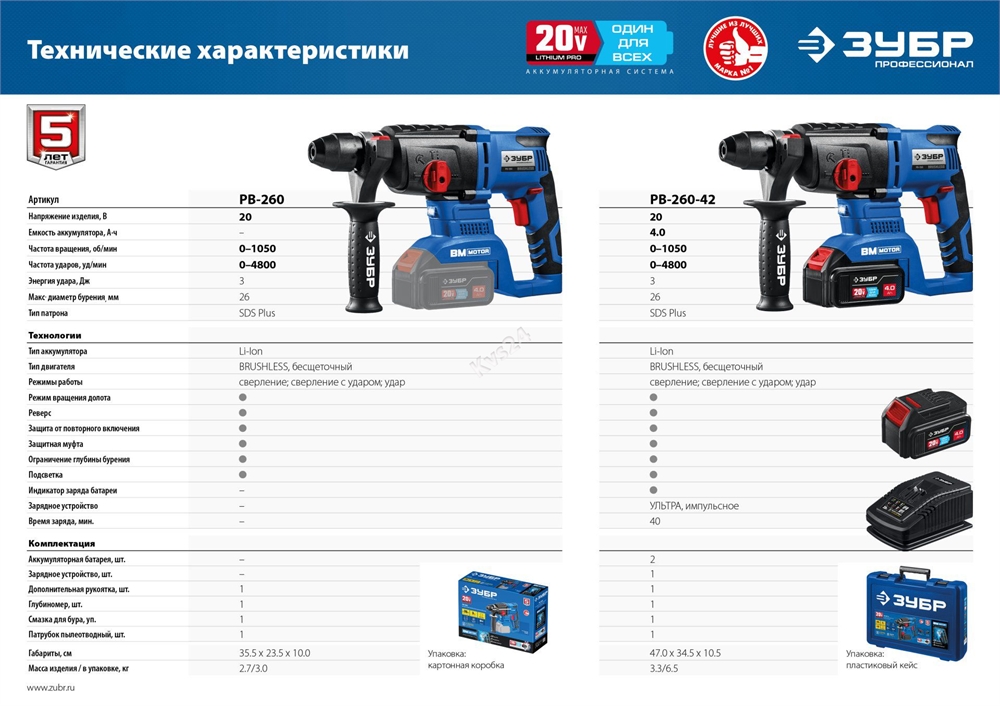 ЗУБР  Т7, 20 В, 26 мм, без АКБ, бесщеточный перфоратор, Профессионал (PB-260) PB-260