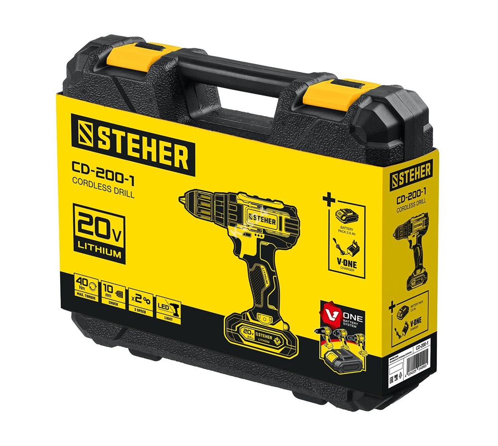 STEHER  V1, 20 В, 40 Н·м, 1 АКБ (2 А·ч), дрель-шуруповерт, кейс (CD-200-1) CD-200-1