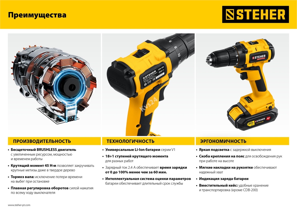 STEHER  V1, 20 В, 45 Н·м, 1 АКБ (2 А·ч), бесщеточная дрель-шуруповерт, кейс (CDB-200-1) CDB-200-1