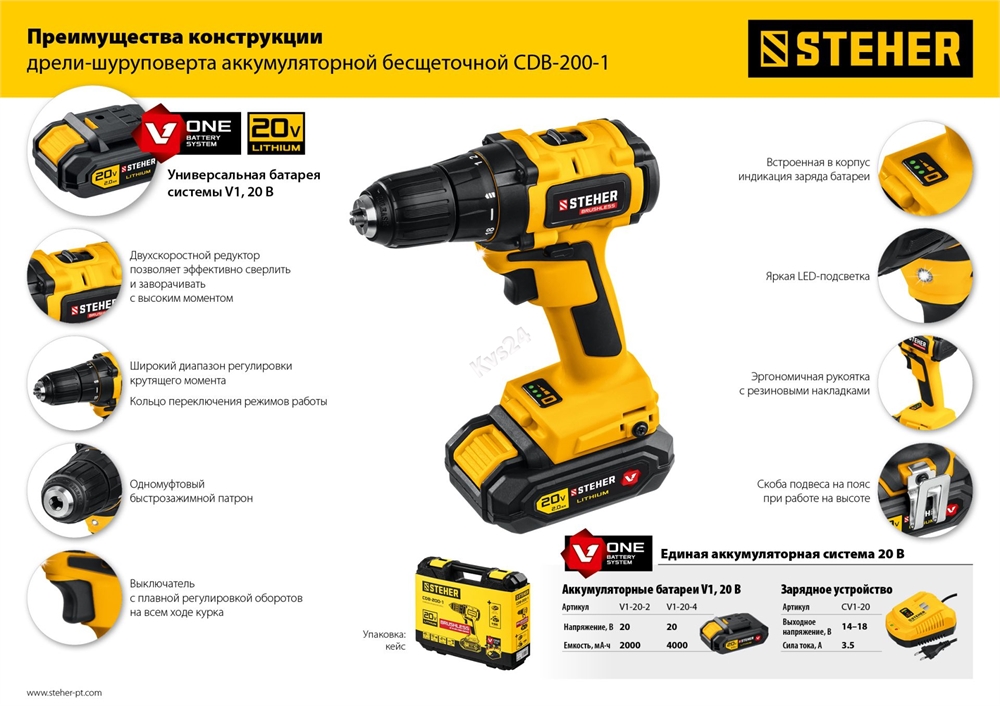 STEHER  V1, 20 В, 45 Н·м, 1 АКБ (2 А·ч), бесщеточная дрель-шуруповерт, кейс (CDB-200-1) CDB-200-1