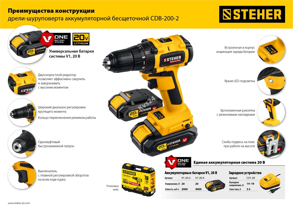 STEHER  V1, 20 В, 45 Н·м, 2 АКБ (2 А·ч), бесщеточная дрель-шуруповерт, кейс (CDB-200-2) CDB-200-2