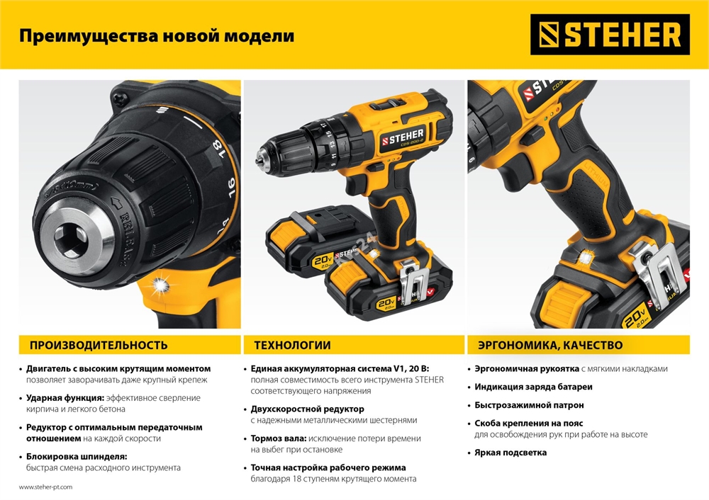 STEHER  V1, 20 В, 40 Н·м, 2 АКБ (2 А·ч), ударная дрель-шуруповерт, кейс (CDS-200-2) CDS-200-2