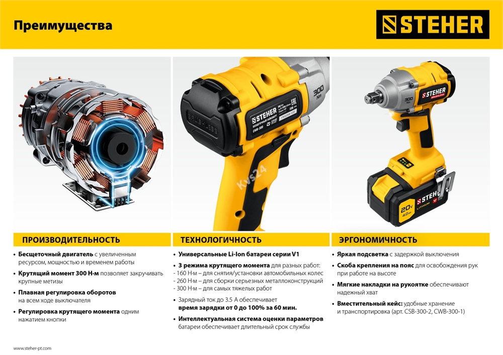 STEHER  V1, 20 В, 300 Н·м, без АКБ, бесщеточный винтоверт (CSB-300) CSB-300