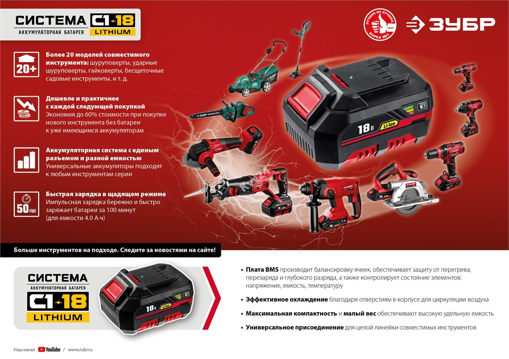ЗУБР  С1-18, 18 В, 250 Н·м, 2 АКБ (2 А·ч), винтоверт ударный, кейс (ГВЛ-255-22) ГВЛ-255-22