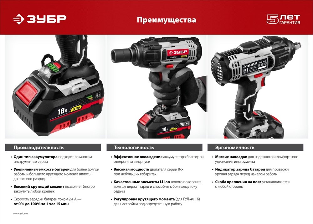 Ударный гайковерт ЗУБР 400 Нм 18 В 1 АКБ 3 А/ч Li-Ion ГУЛ-401 К ГУЛ-401 К