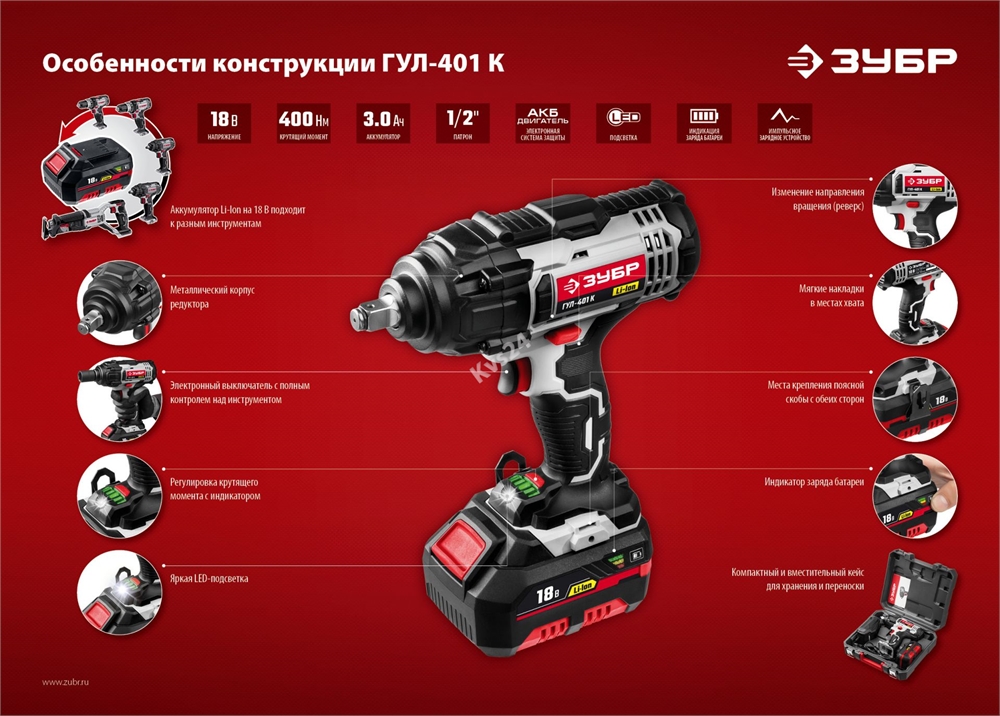 Ударный гайковерт ЗУБР 400 Нм 18 В 1 АКБ 3 А/ч Li-Ion ГУЛ-401 К ГУЛ-401 К