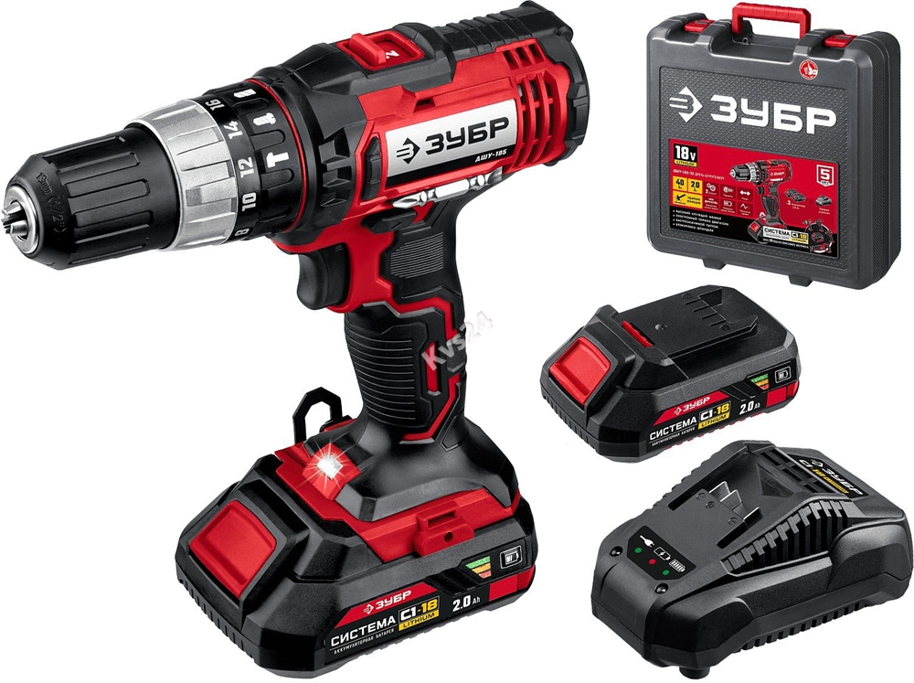 ЗУБР  С1-18, 18 В, 40 Н·м, 2 АКБ (2 А·ч), дрель-шуруповерт, кейс (ДШЛ-185-22) ДШЛ-185-22