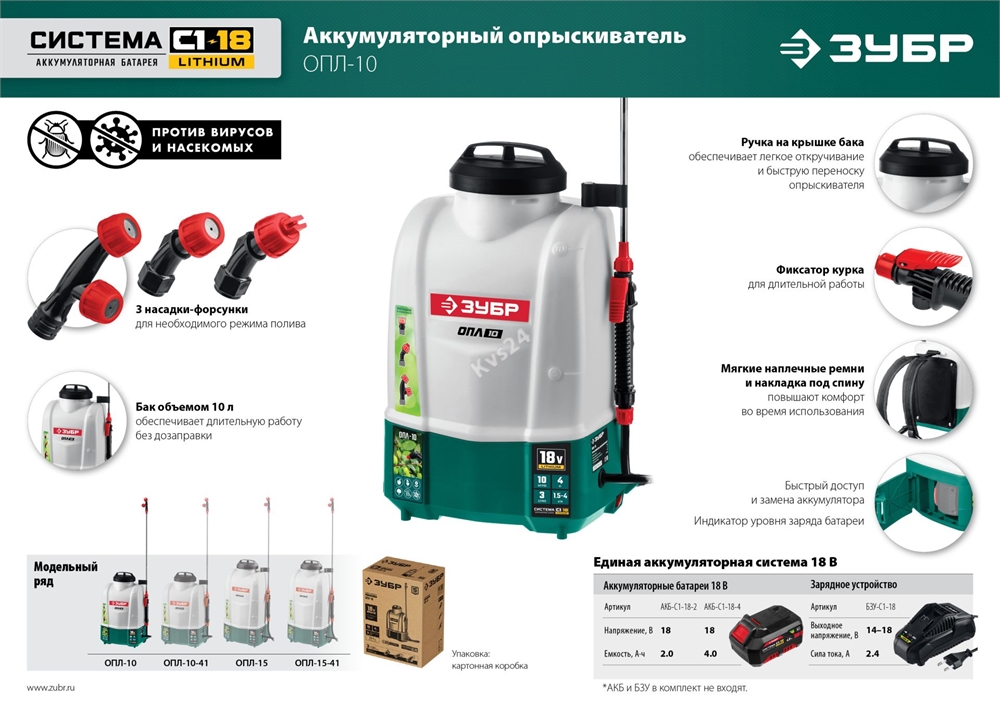 ЗУБР  10 л, 1 АКБ 4 А·ч, аккумуляторный опрыскиватель (ОПЛ-10-41) ОПЛ-10-41