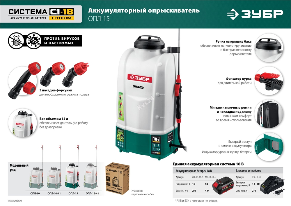 ЗУБР  15 л, 1 АКБ 4 А·ч, аккумуляторный опрыскиватель (ОПЛ-15-41) ОПЛ-15-41