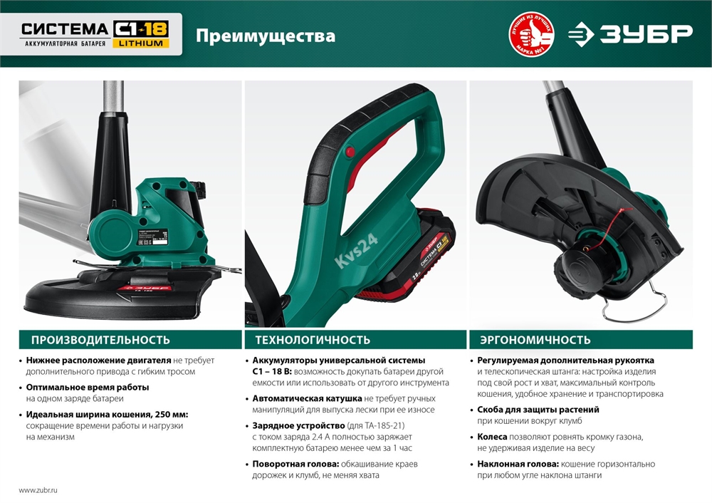 ЗУБР  С1-18, 18 В, 25 см, без АКБ, аккумуляторный триммер (ТА-185) ТА-185