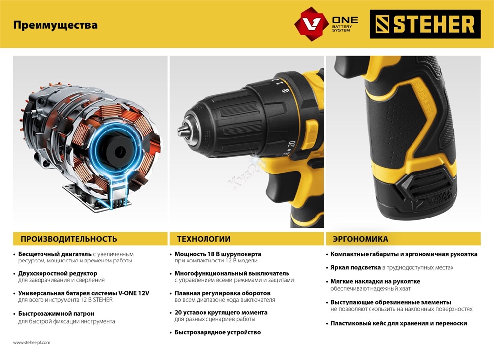 STEHER  12 В, 35 Н·м, 2 АКБ (2 А·ч), бесщеточная дрель-шуруповерт, кейс (CDB-120-2) CDB-120-2