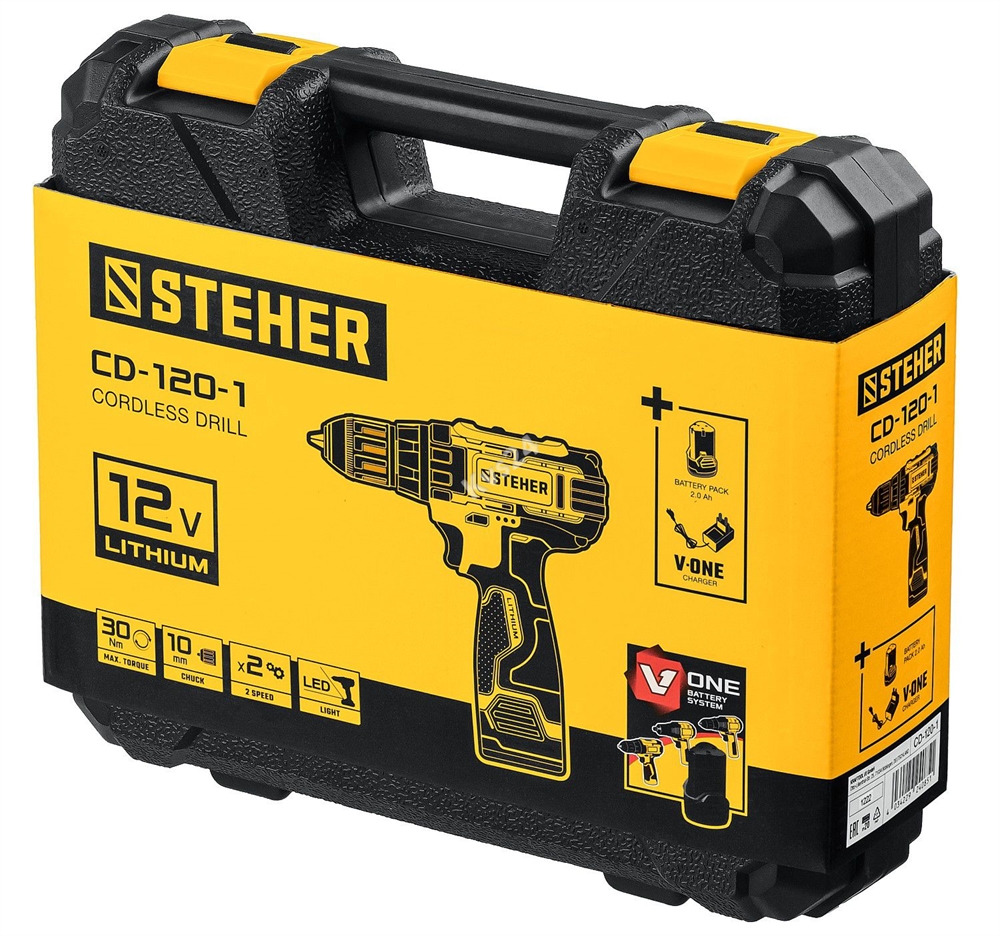 STEHER  12 В, 30 Н·м, 1 АКБ (2 А·ч), дрель-шуруповерт, кейс (CD-120-1) CD-120-1