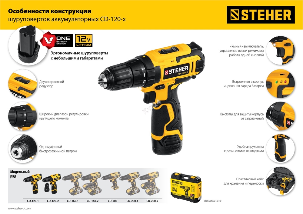 STEHER  12 В, 30 Н·м, 2 АКБ (2 А·ч), дрель-шуруповерт, кейс (CD-120-2) CD-120-2