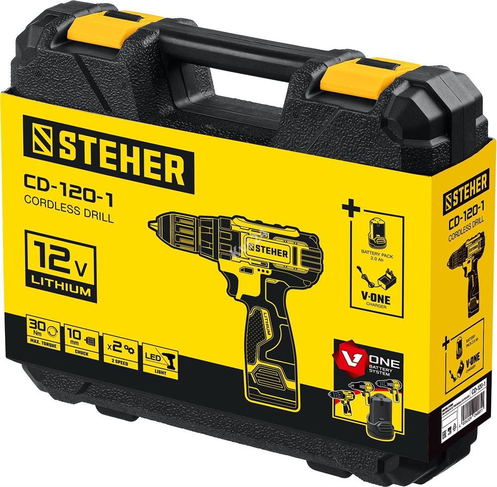STEHER  12 В, 30 Н·м, 2 АКБ (2 А·ч), дрель-шуруповерт, кейс (CD-120-2) CD-120-2