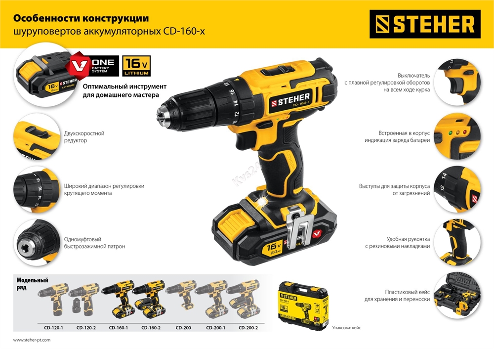 STEHER  16 В, 35 Н·м, 2 АКБ (2 А·ч), дрель-шуруповерт, кейс (CD-160-2) CD-160-2