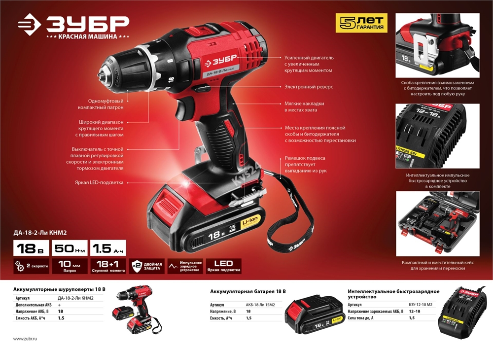 Дрель-шуруповерт ЗУБР 18 В 2 АКБ 1.5 Ач Li-Ion ДА-18-2-Ли КНМ2 ДА-18-2-Ли КНМ2