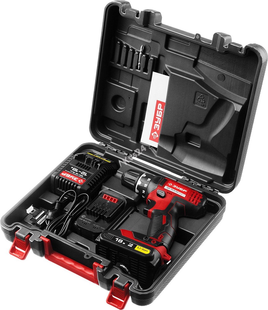 Дрель-шуруповерт ЗУБР 18 В 2 АКБ 1.5 Ач Li-Ion ДА-18-2-Ли КНМ2 ДА-18-2-Ли КНМ2