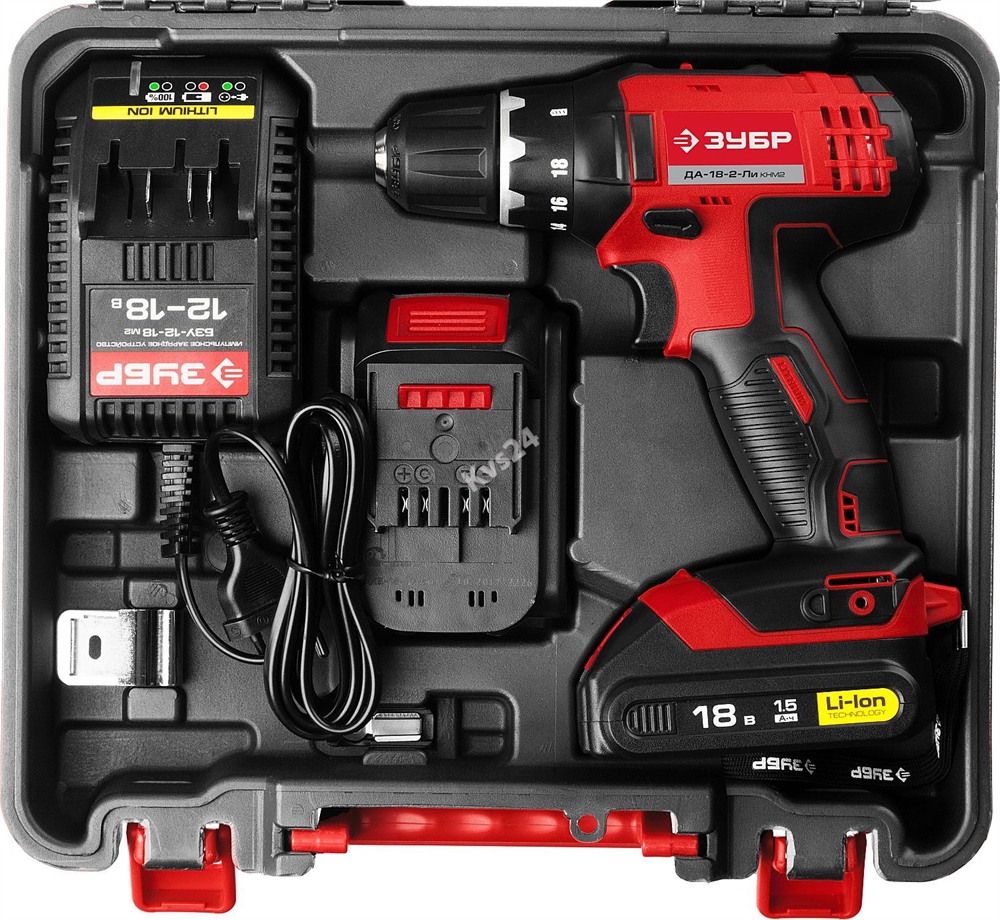 Дрель-шуруповерт ЗУБР 18 В 2 АКБ 1.5 Ач Li-Ion ДА-18-2-Ли КНМ2 ДА-18-2-Ли КНМ2