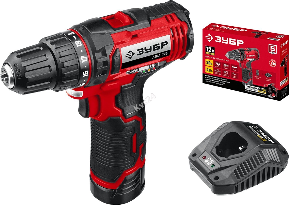 ЗУБР  С1-12, 12 В, 30 Н·м, 1 АКБ (2 А·ч), дрель-шуруповерт (ДШЛ-125-21) ДШЛ-125-21