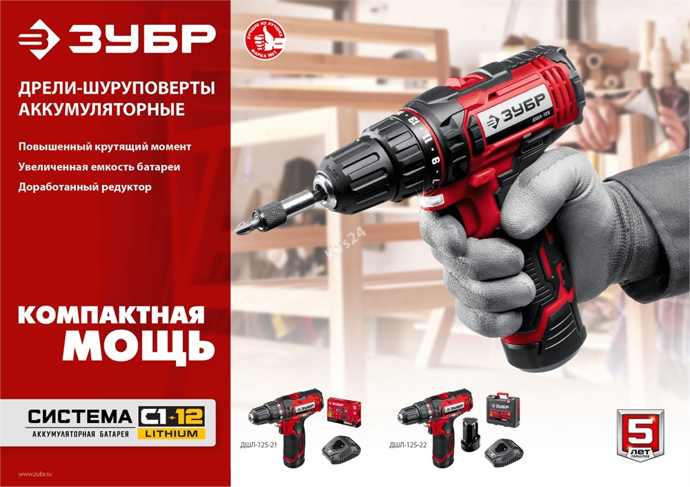 ЗУБР  С1-12, 12 В, 30 Н·м, 1 АКБ (2 А·ч), дрель-шуруповерт (ДШЛ-125-21) ДШЛ-125-21