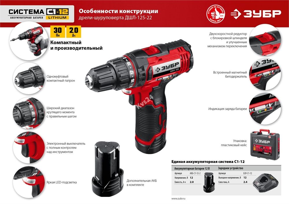 ЗУБР  С1-12, 12 В, 30 Н·м, 2 АКБ (2 А·ч), дрель-шуруповерт, кейс (ДШЛ-125-22) ДШЛ-125-22