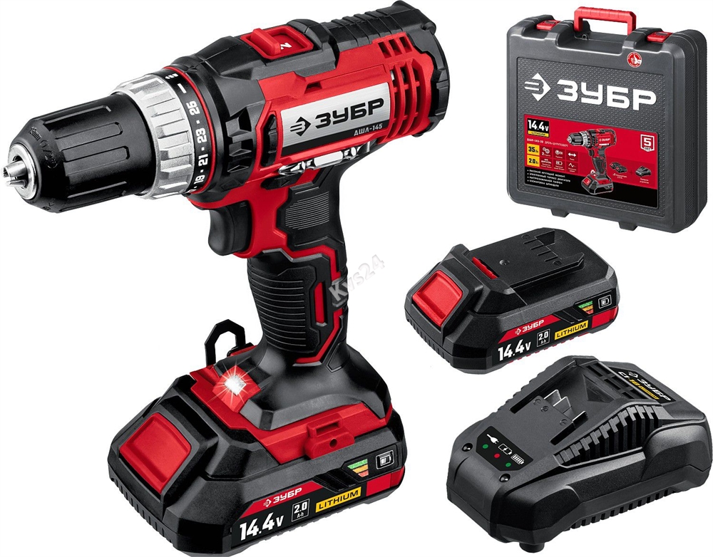 ЗУБР  С1, 14.4 В, 35 Н·м, 2 АКБ (2 А·ч), дрель-шуруповерт, кейс (ДШЛ-145-22) ДШЛ-145-22