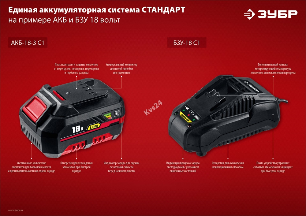 ЗУБР  С1-18, 18 В, 1.3 А·ч, аккумуляторная батарея (АКБ-18 С1) АКБ-18 С1