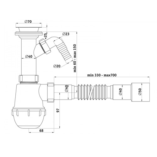B1020 Сифон для раковины 1½"х40 с отводом для стир. маш. и гофротрубой 40х50 т 00000002742