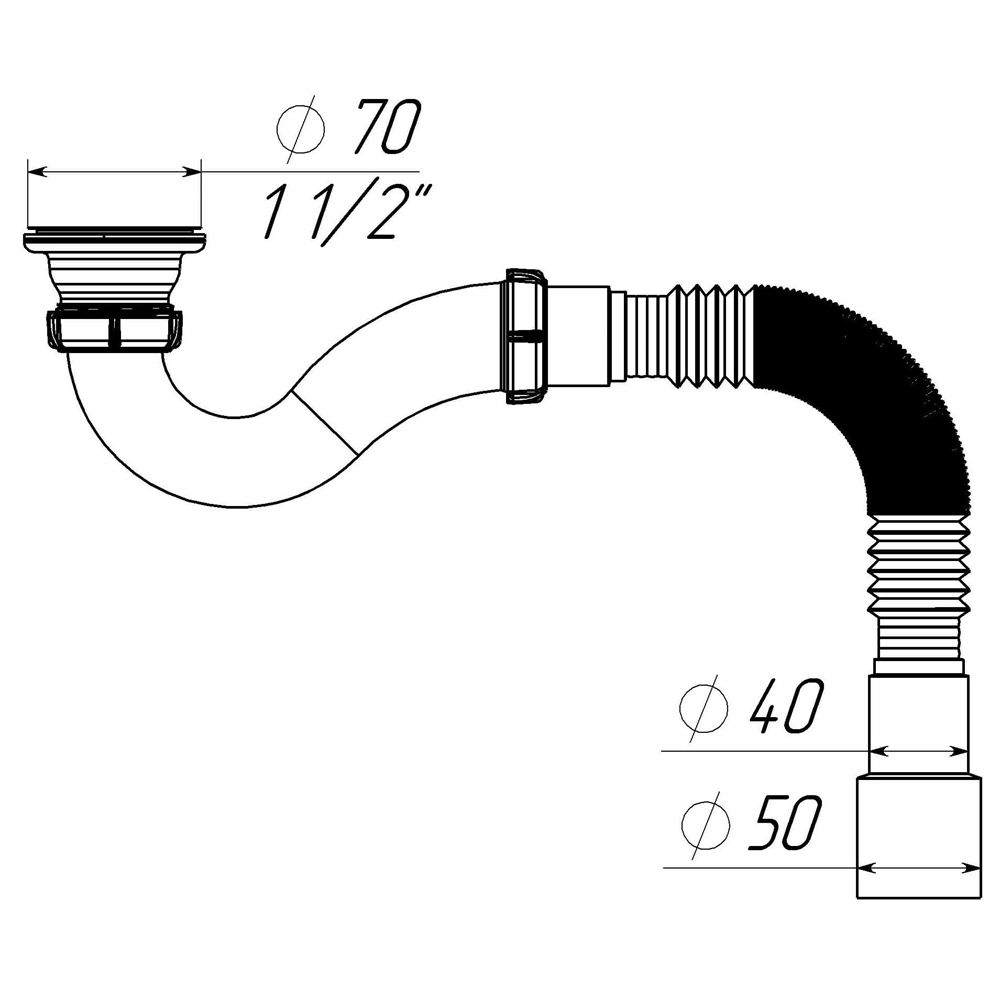 V145 Сифон для душевого поддона 1½"х40 прямоточный с гофротрубой 40х40-50 т тт000017776
