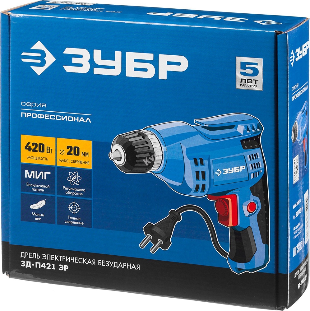 ЗУБР  420 Вт, 10 мм БЗП, безударная дрель, Профессионал (ЗД-П421 ЭР) ЗД-П421 ЭР